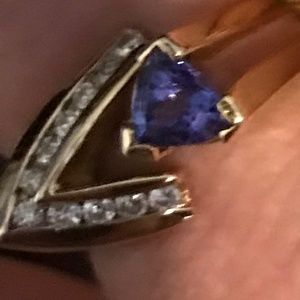 14 k Yellow Gold Trillion Cut Tanzanite and Diamond Ring